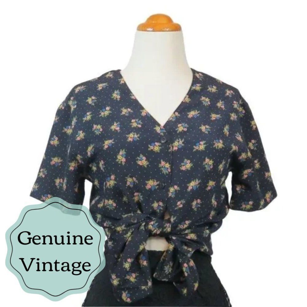 Vintage Floral Blouse -80s - Retro Calico - Button Up - 90s - Pink & Blue - 6P  